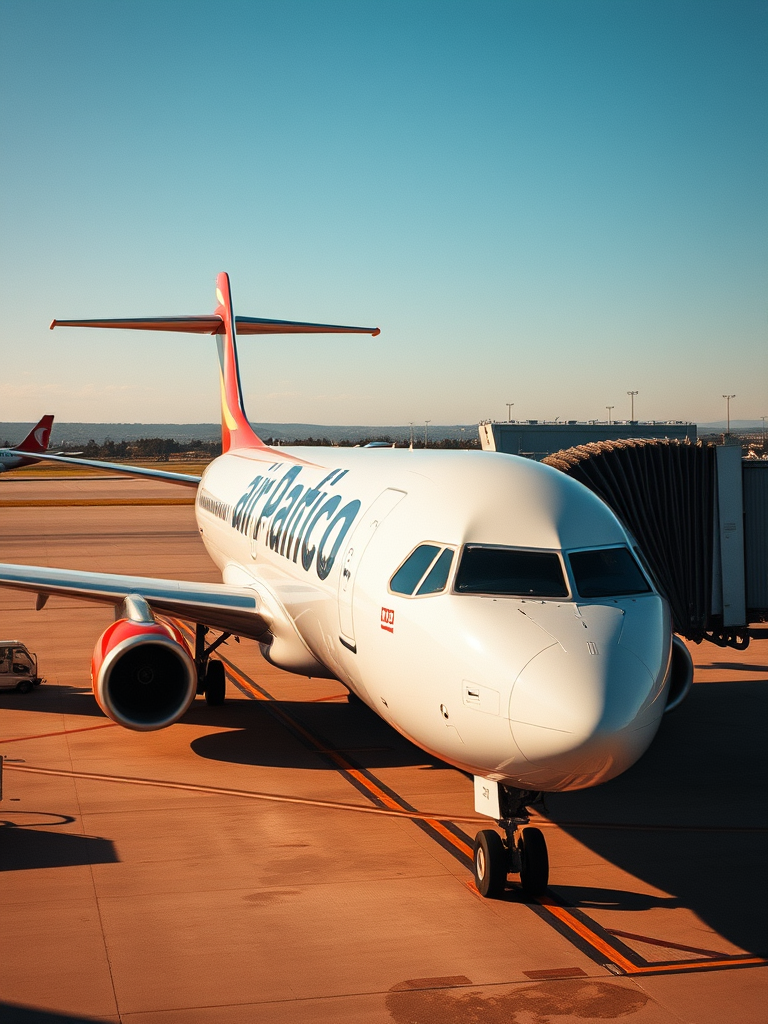 Air Pacifico aircraft parked at the ramp at an airport, bright daylight, modern jet, showing airline branding, set in Sydney, Australia