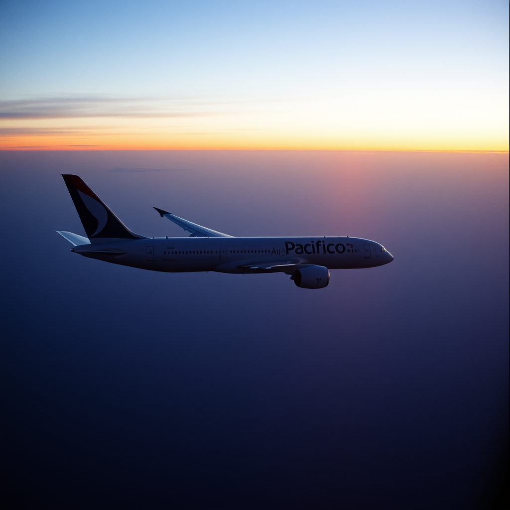 Pacifico Air 787 flying above the Pacific Ocean at sunrise